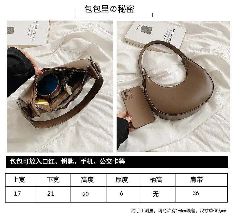 Women's retro dumpling-shaped shoulder bag in PU leather, shown in black, featuring an outer sandwich pocket.