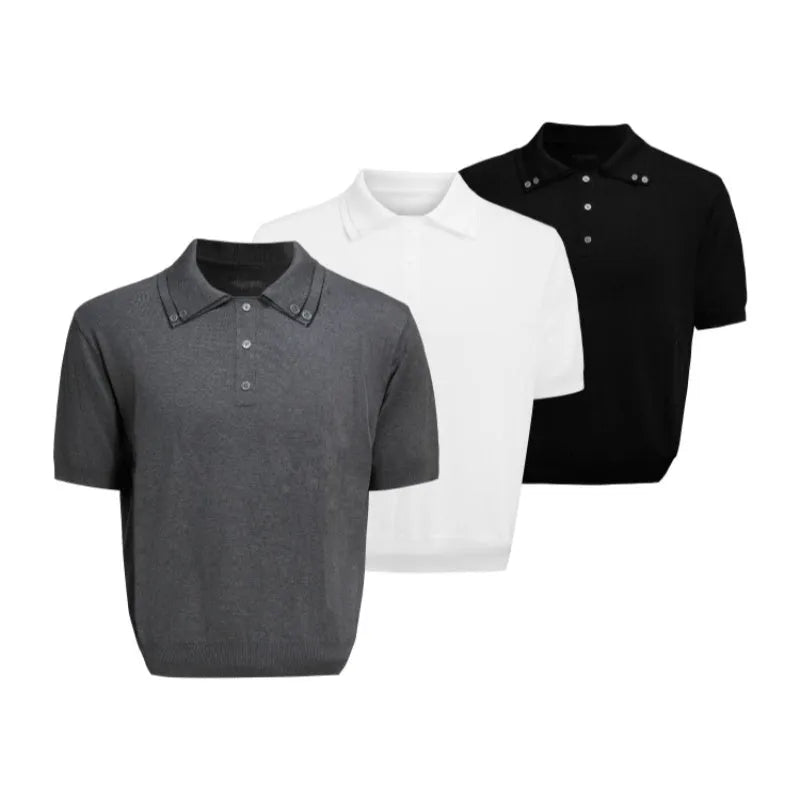 Men's black double collar polyester short sleeve shirt with loose fit design