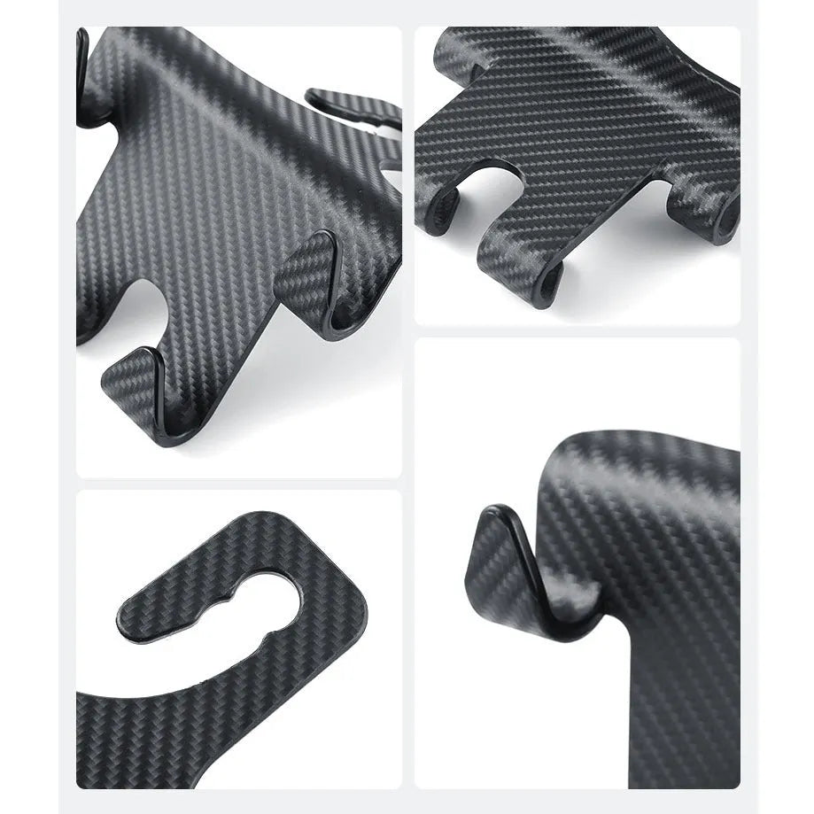 Black ABS car storage hook with carbon fibre pattern, combining a bag hook and mobile phone holder for rear seat installation.
