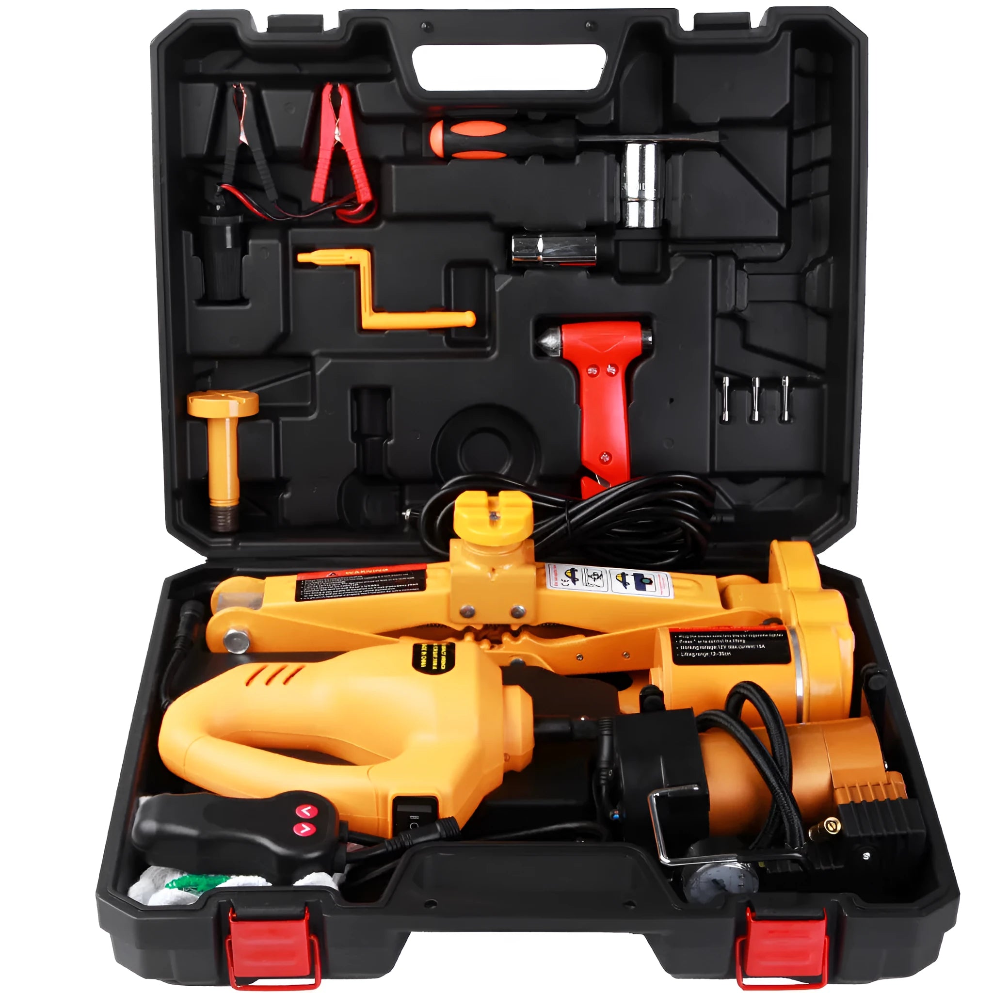Yellow steel electric car jack and wrench set on a garage floor