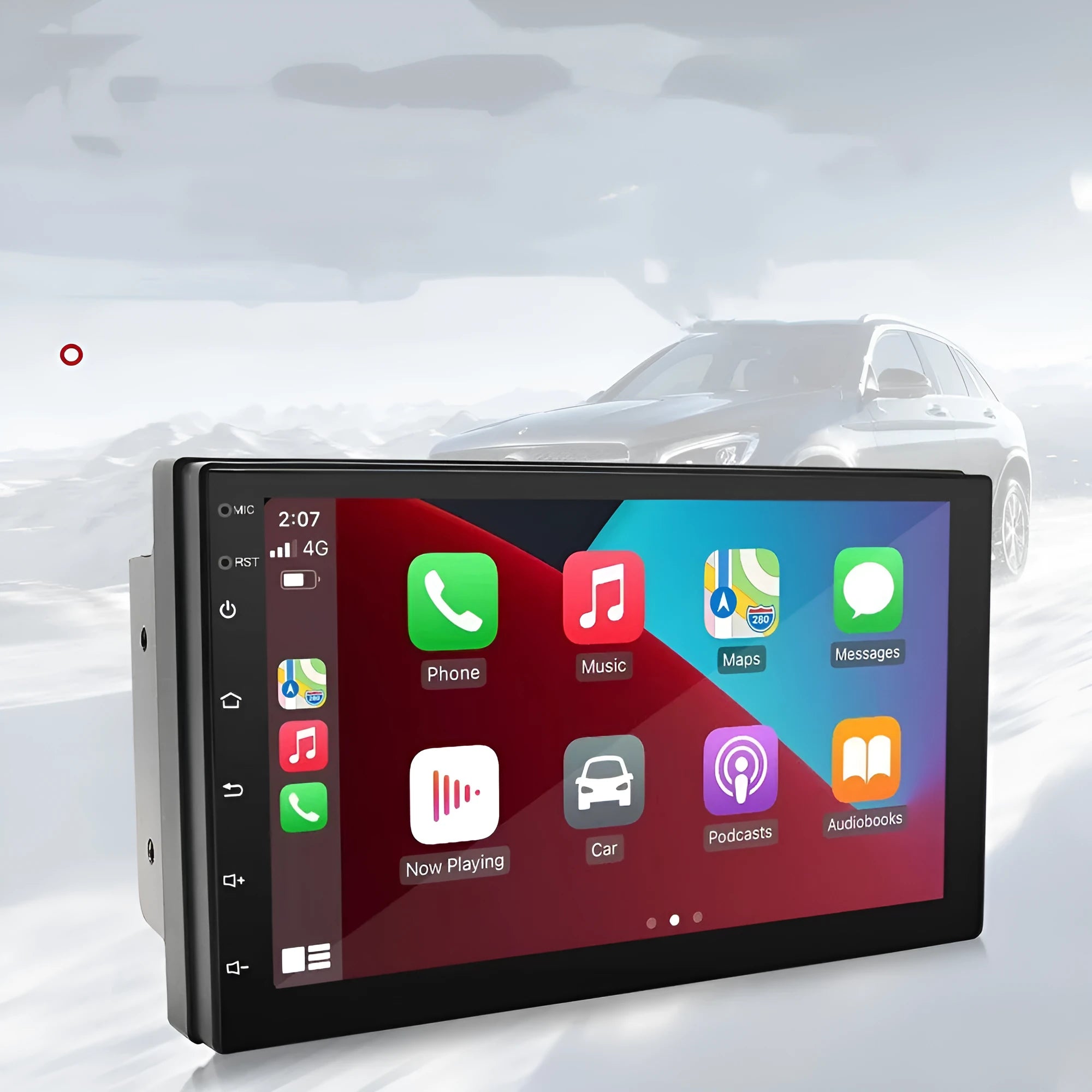 Universal black Carplay navigation radio with 7-inch screen, dimensions 178x102x45mm.