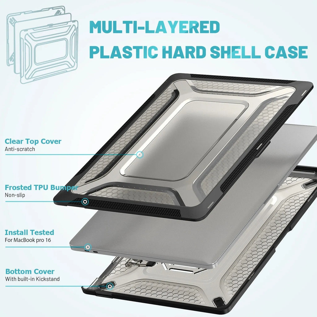 MacBook protective hard shell case in four colours: cool black, starry sky grey, elegant apricot, and sapphire blue