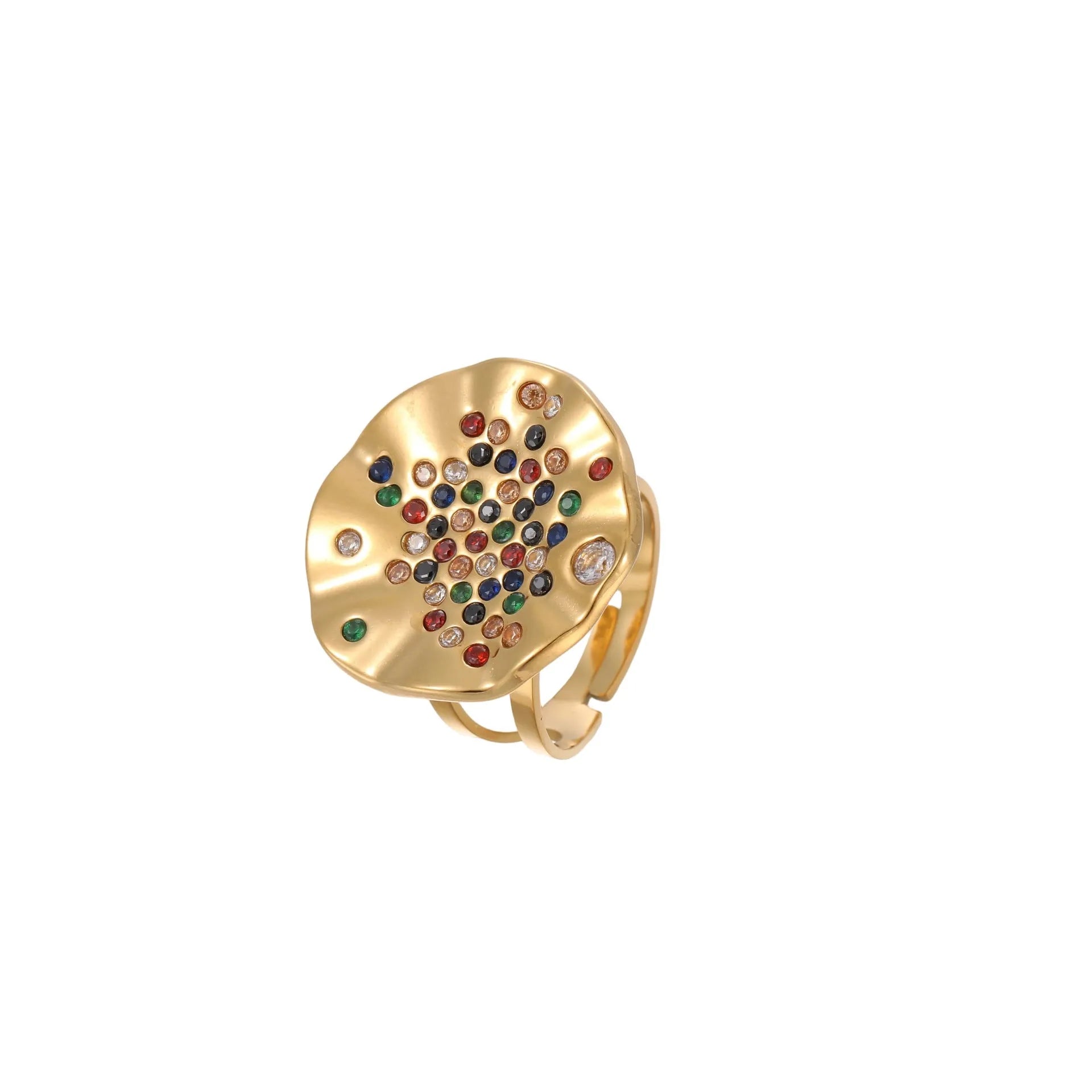 Geometric stainless steel ring with colourful crystal inlays and adjustable open mouth design