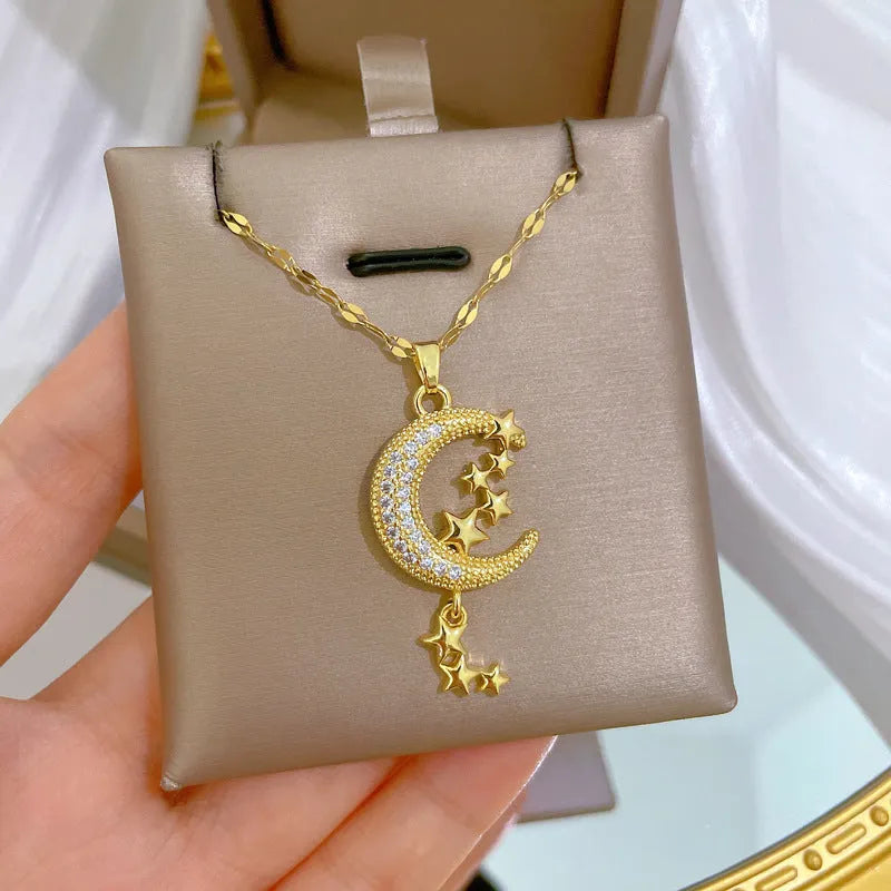 Moon pendant necklace with geometric tassel design and full diamond setting