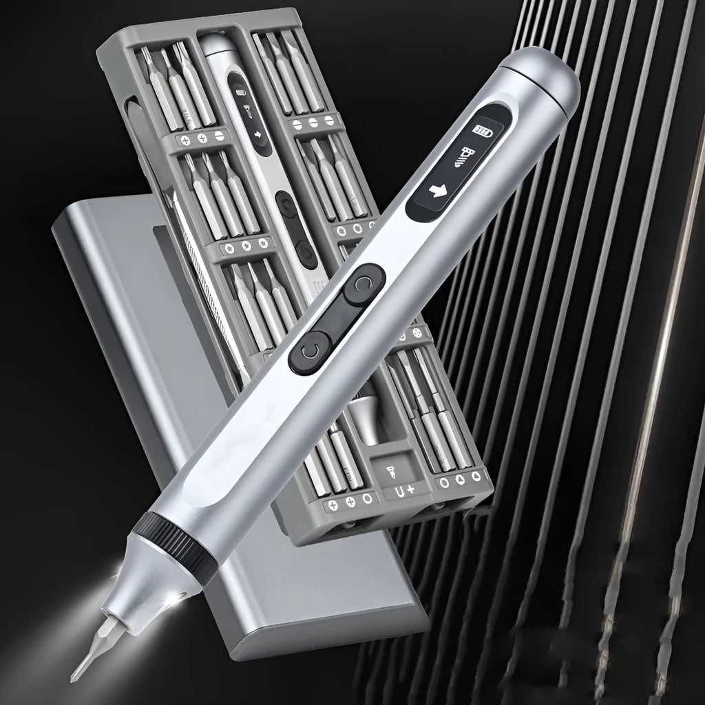 Precision cordless electric screwdriver with aluminium alloy handle, shown with battery and torque specifications.
