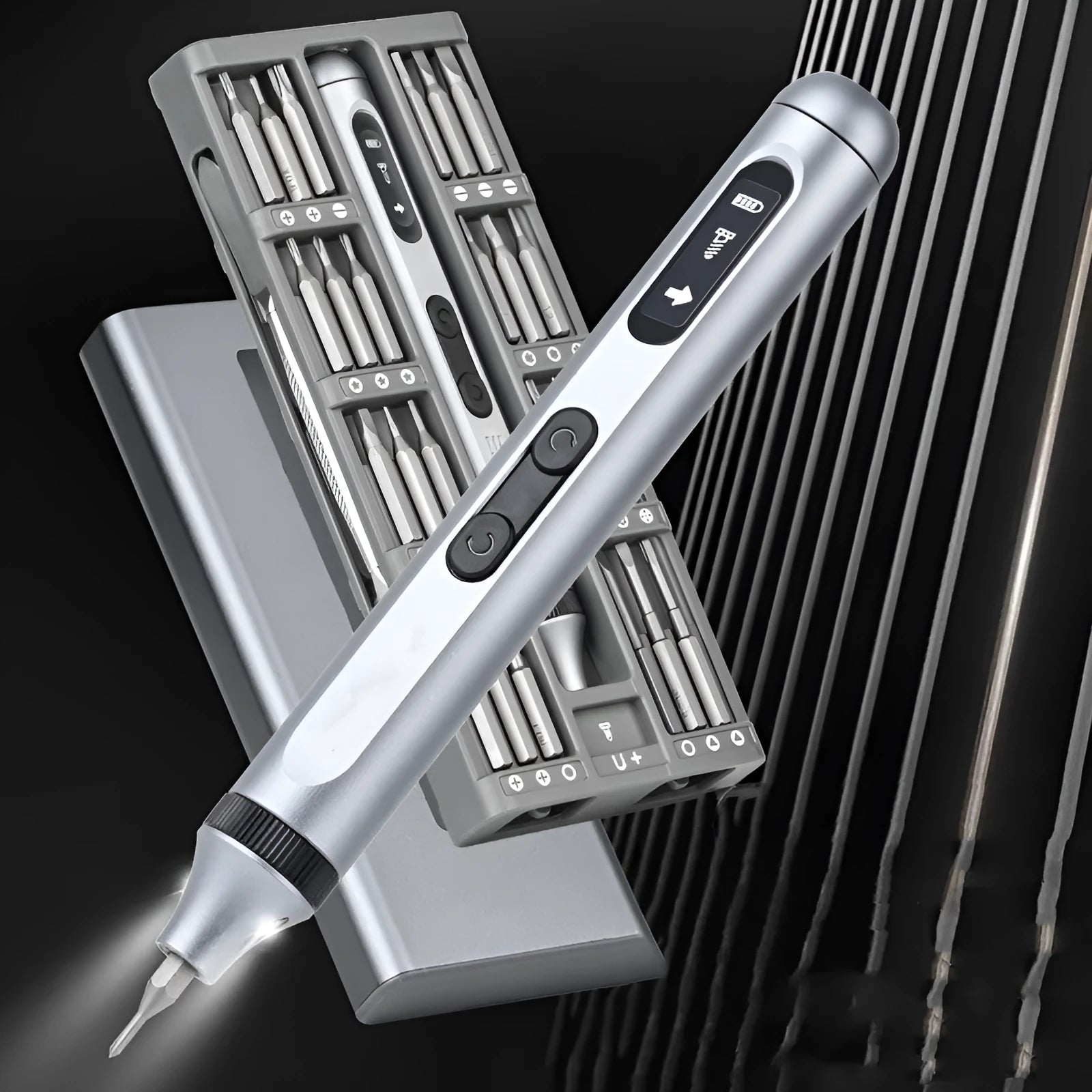 Precision cordless electric screwdriver with aluminium alloy handle, shown with battery and torque specifications.