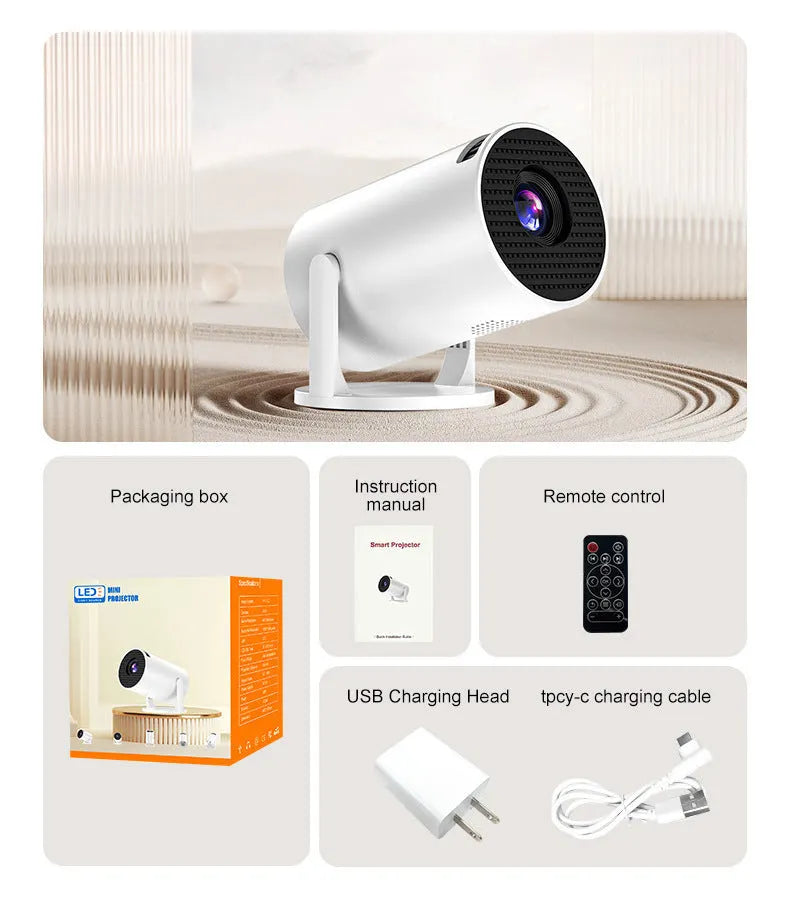 White MINI wireless portable projector showing 1080p HD resolution specifications