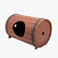 Assembled wine barrel pet bed for cats with soft interior, shown alongside its three flat felt panels and two binding straps.