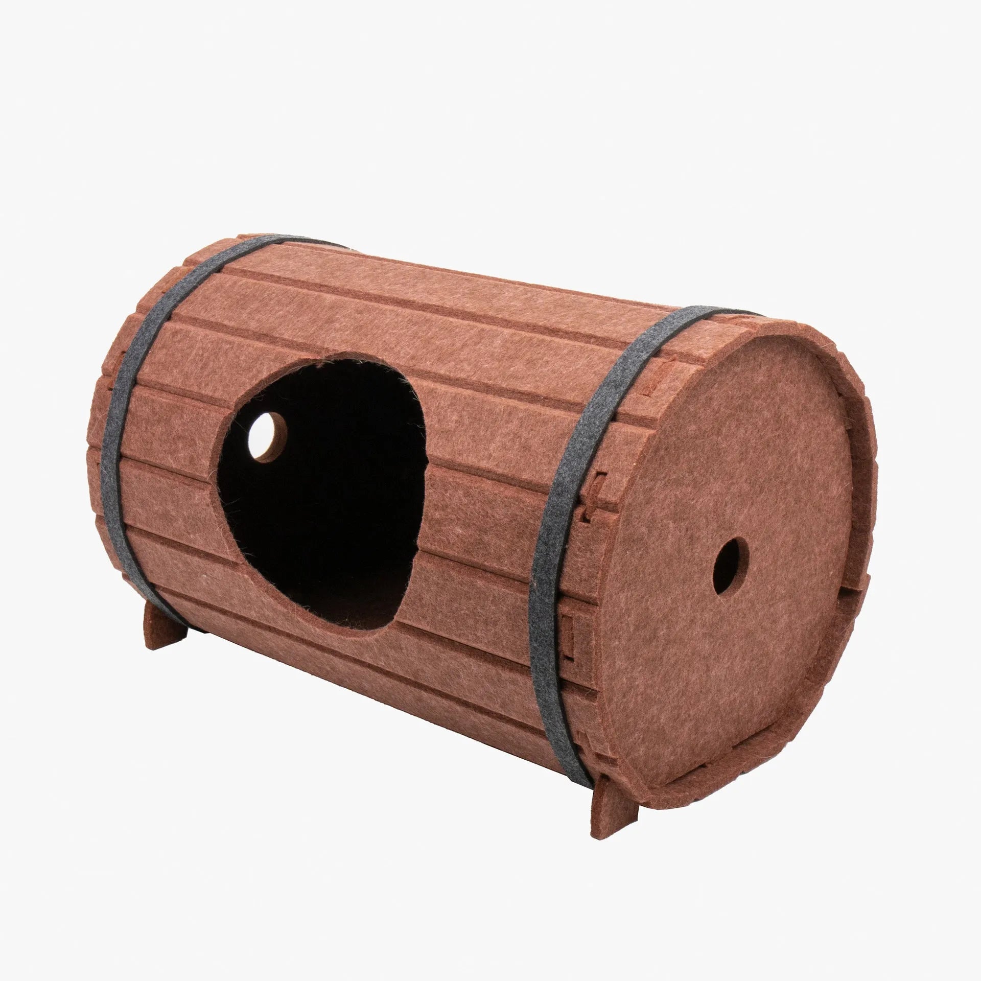 Assembled wine barrel pet bed for cats with soft interior, shown alongside its three flat felt panels and two binding straps.