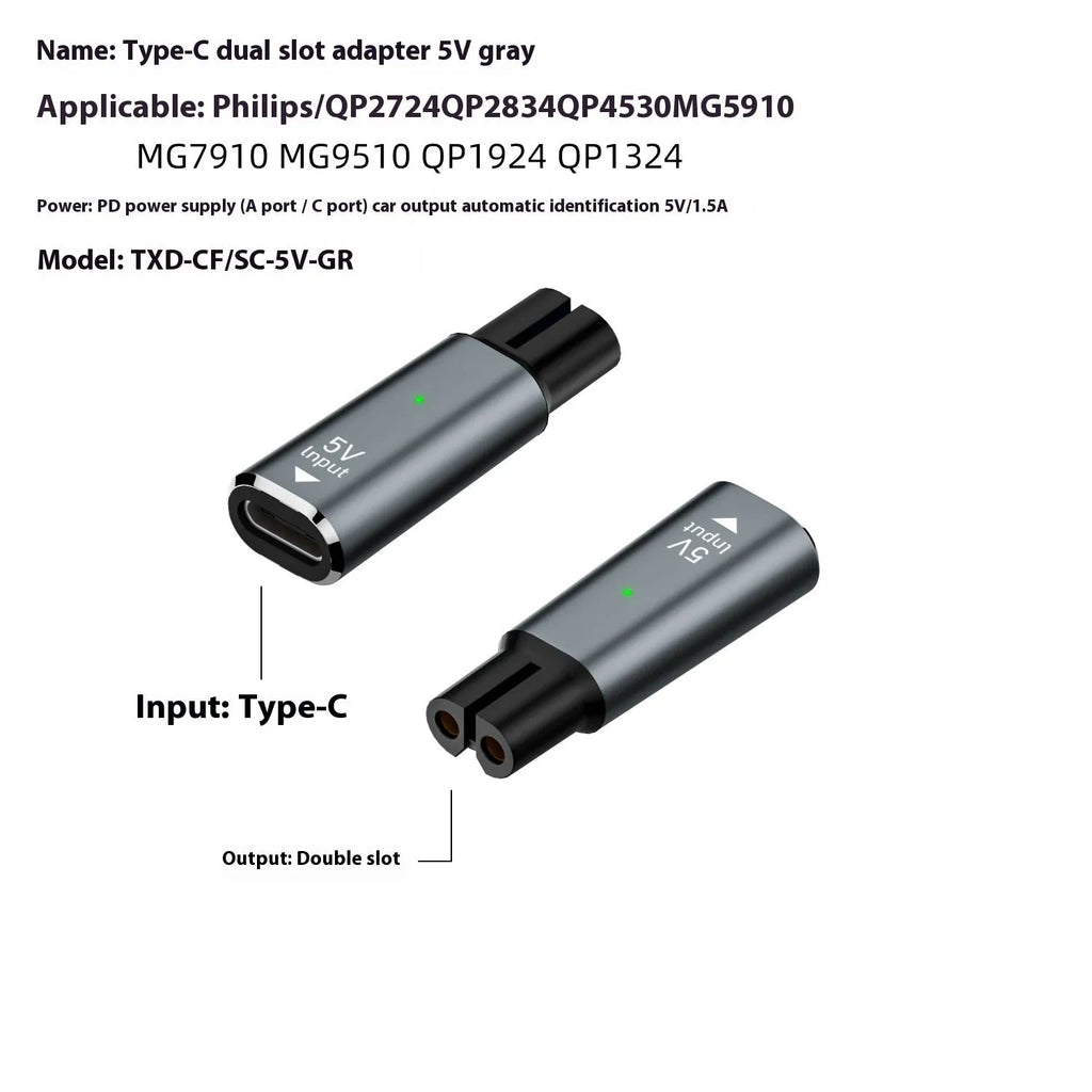 USB-C charging adapter for electric shavers and hair clippers in black or grey aluminium alloy housing