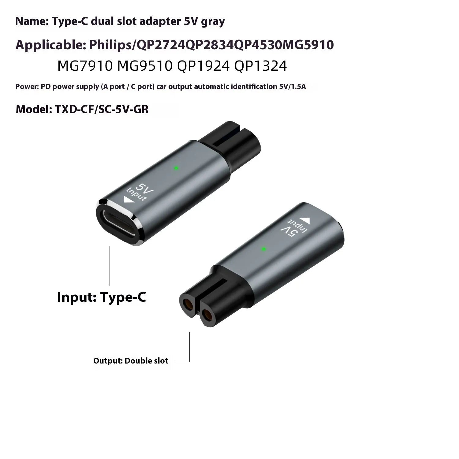 USB-C charging adapter for electric shavers and hair clippers in black or grey aluminium alloy housing
