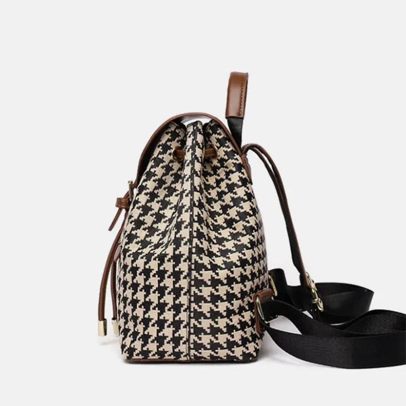 Women's houndstooth backpack in Ostrich with Khaki colour, medium size cylindrical shape with car stitching and contrast colour details