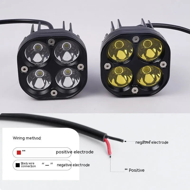 Four-eye vehicle headlight modification with aluminium base plate showing white and yellow light options