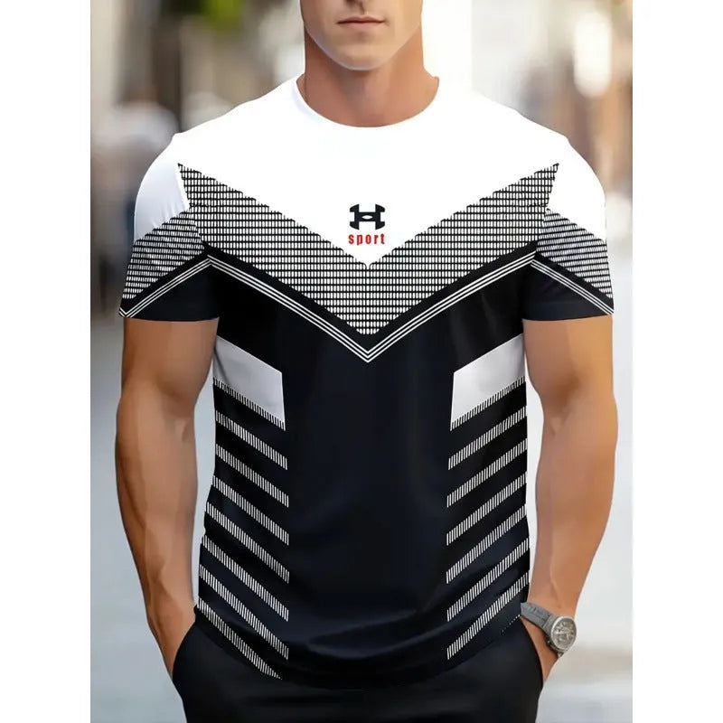 Men's short-sleeved T-shirt with digital 3D printing stripes pattern in loose fit for summer wear