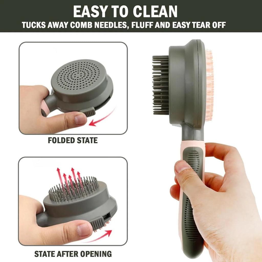 Double-sided cat brush with release button and flea comb in pink and green options