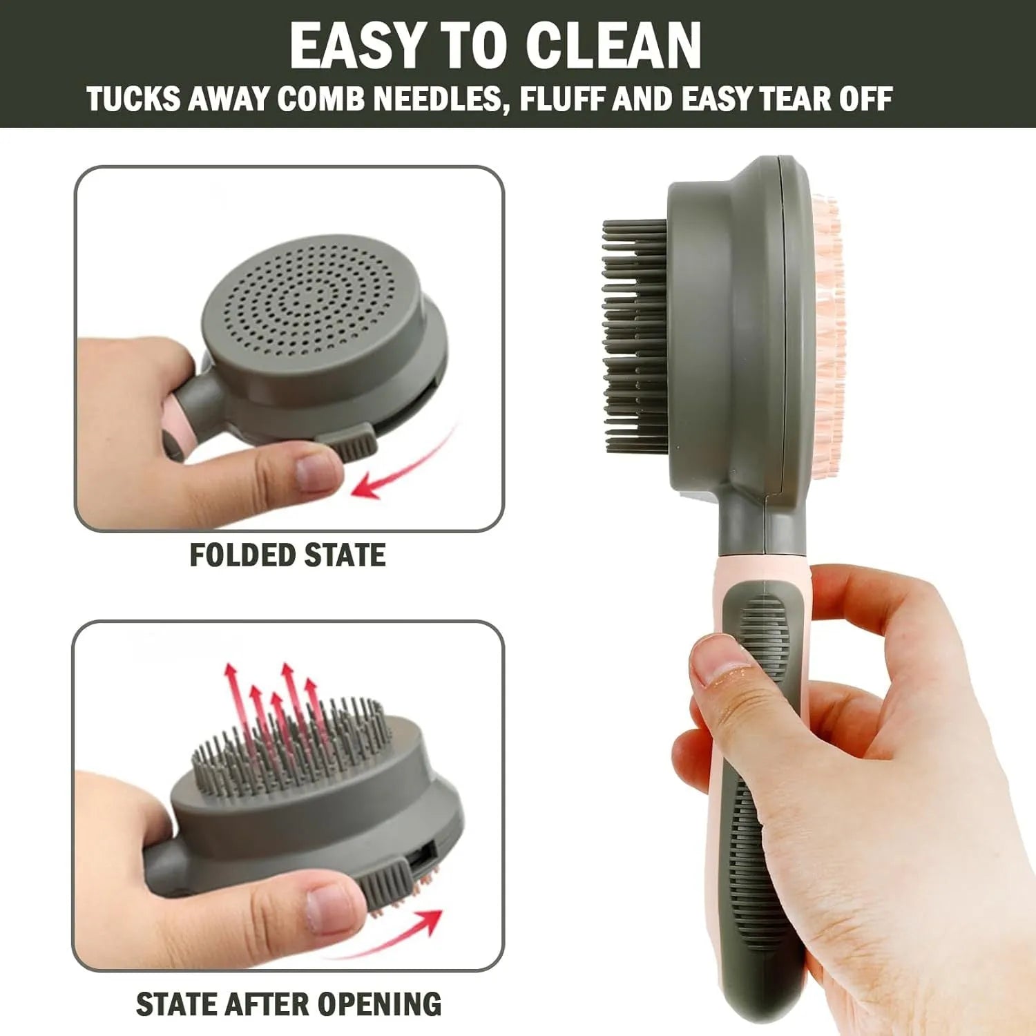 Double-sided cat brush with release button and flea comb in pink and green options