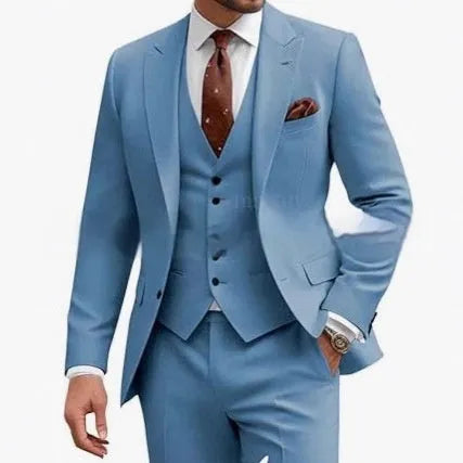 Men's slim fit three-piece suit in a chemical fibre blend, shown in a selection of available colours.