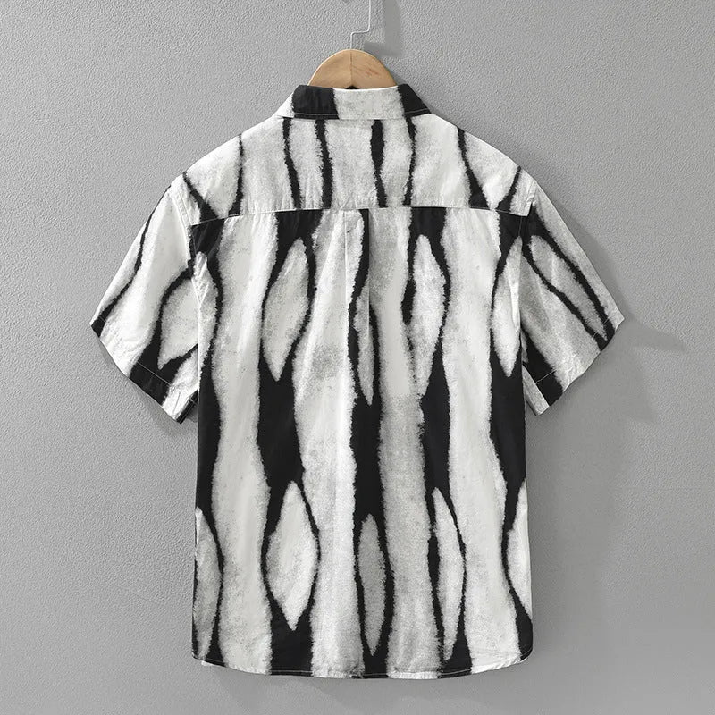 Men's black and brown retro striped short sleeve shirt cardigan in pure cotton with loose fit