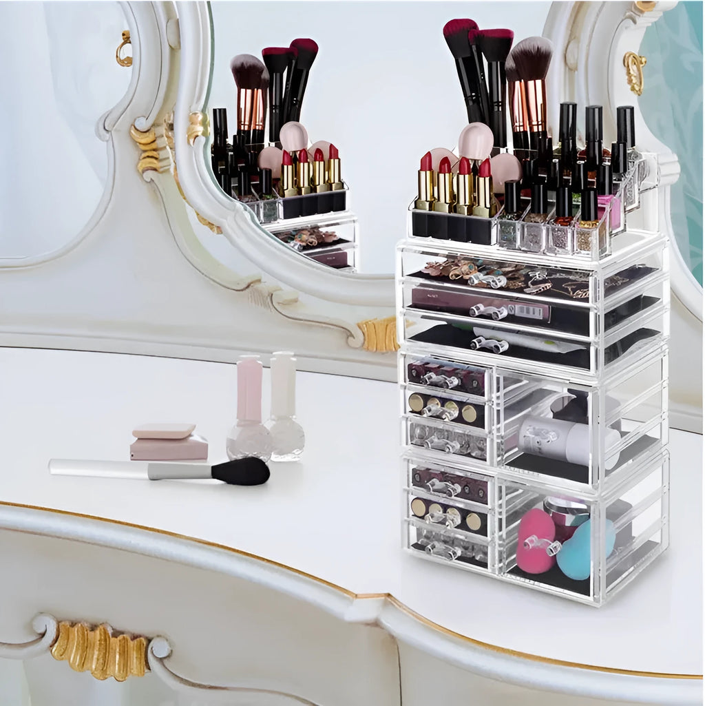 Acrylic three-layer cosmetics storage box in Nordic style, transparent finish on a vanity table
