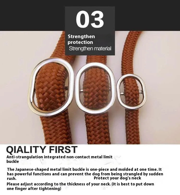 Brown nylon P chain dog leash with hand holding rope measuring 2.1 metres long