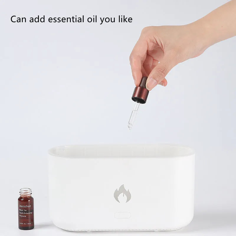 3D flame humidifier 300ml ultrasonic aroma diffuser in black with USB cable on desk