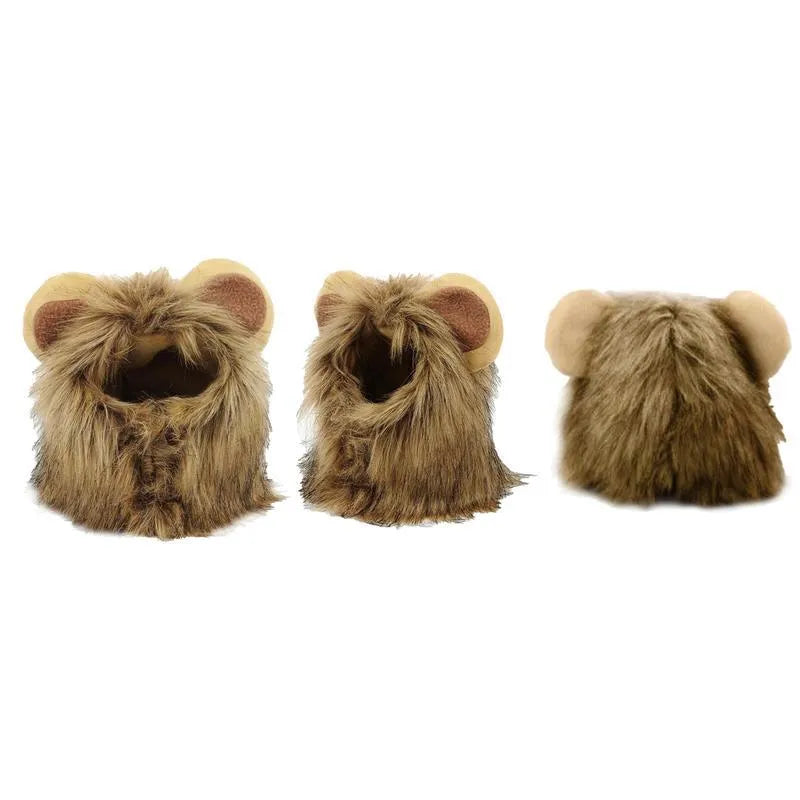 Lion mane wig costume accessory for a cat, showing plush ears and adjustable elastic band