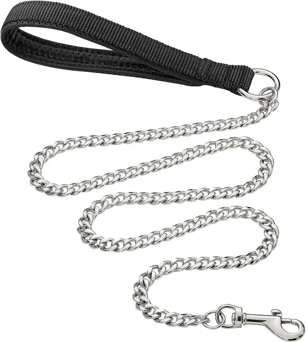 Heavy duty metal dog chain leash with a soft black padded handle, shown in red colour.