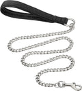Heavy duty metal dog chain leash with a soft black padded handle, shown in red colour.