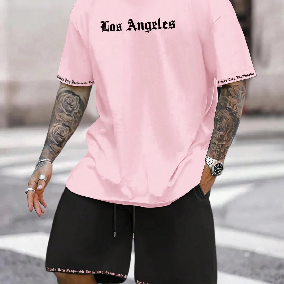 Men's grey sports style short-sleeved top and matching shorts quick-dry two-piece set