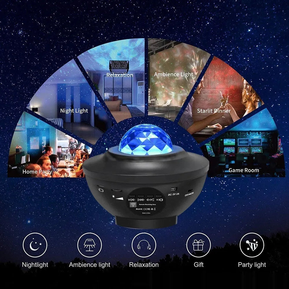 Black-parallel starry sky projection lamp with rotating water ripple laser effects and Bluetooth connectivity