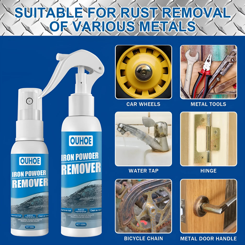 Blue labelled rust remover spray bottle next to a blue square sponge and a white towel on a grey background.