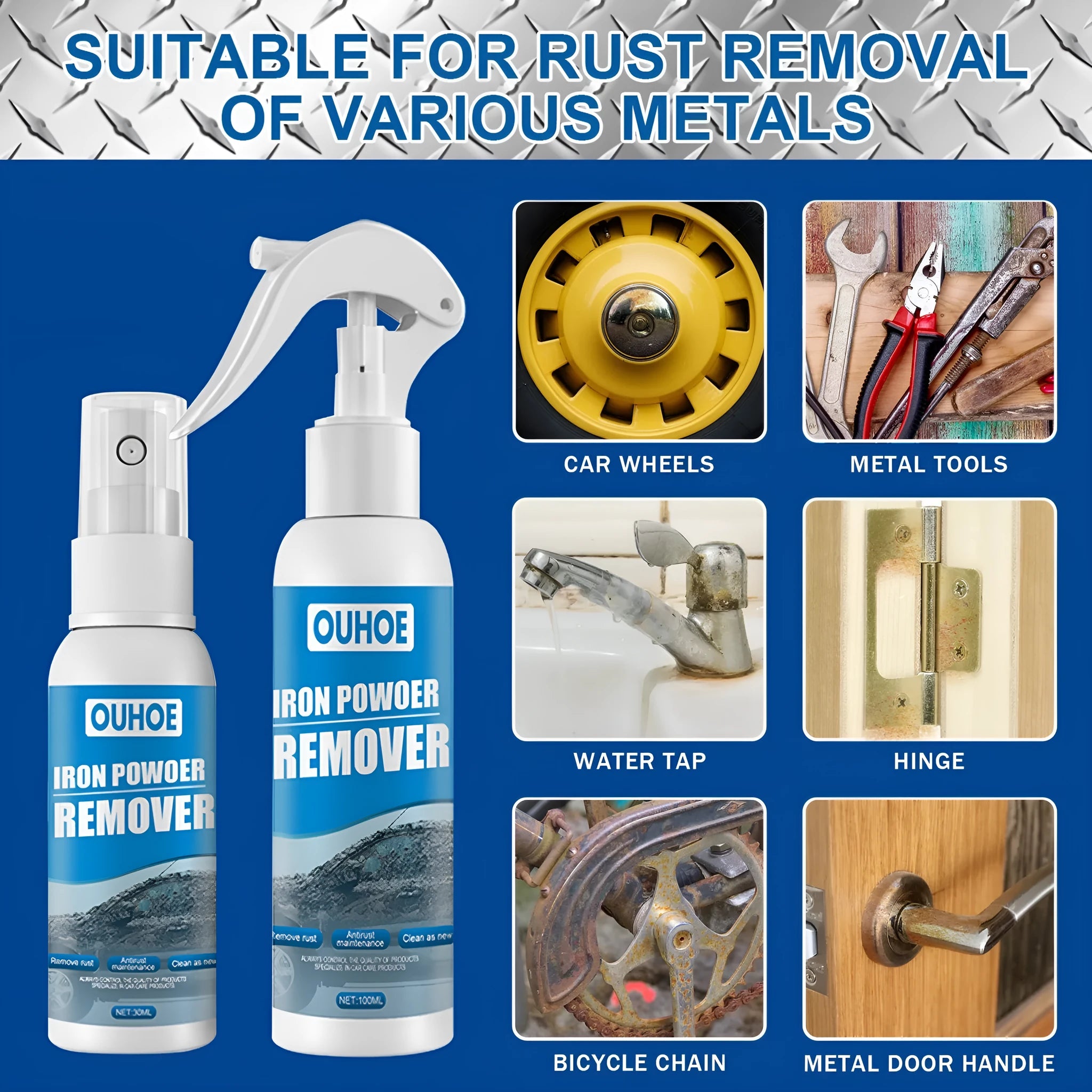 Blue labelled rust remover spray bottle next to a blue square sponge and a white towel on a grey background.