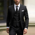Men's slim fit three-piece suit in a polyester blend, shown in a light business style with coat, waistcoat, and trousers.
