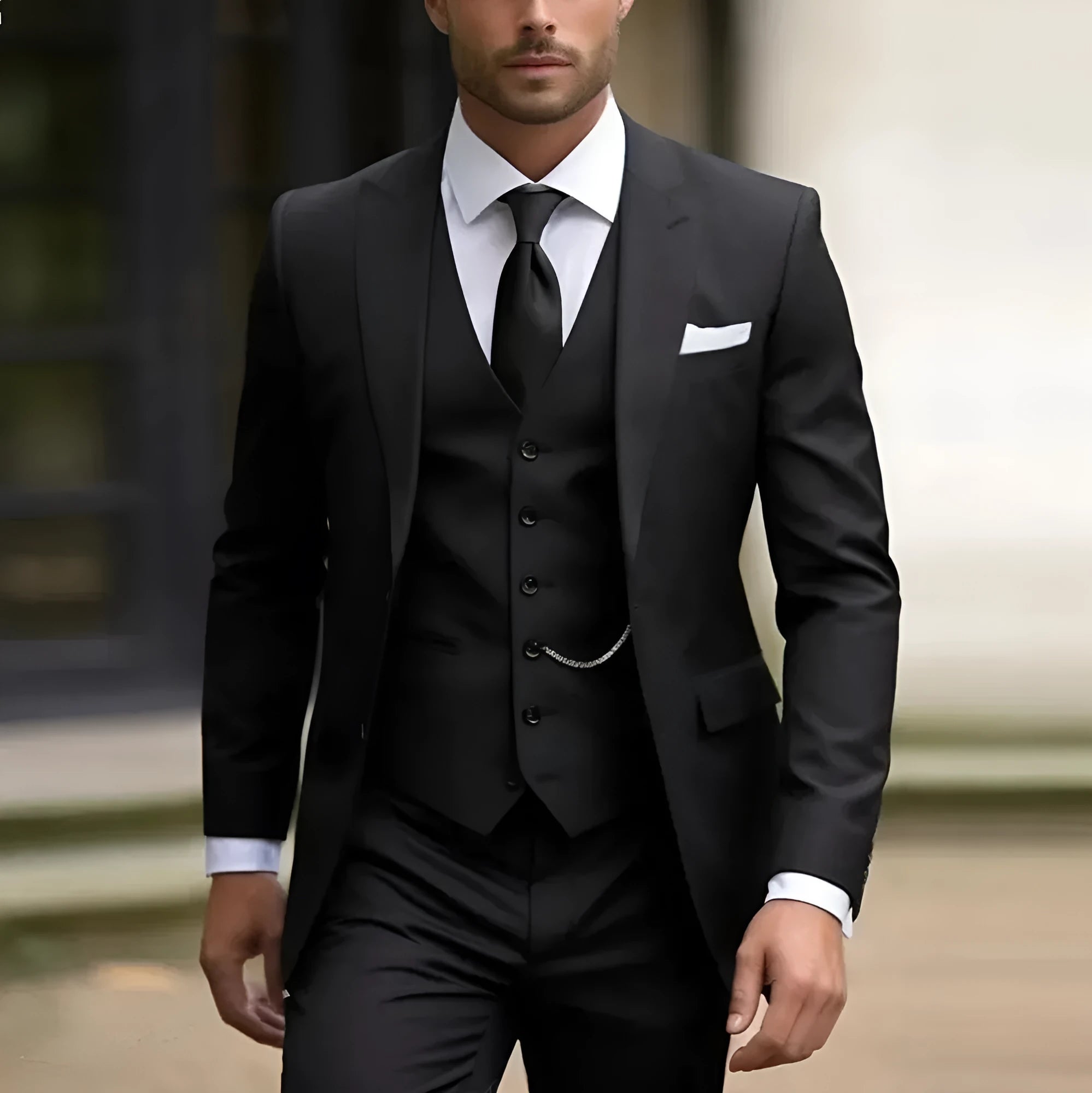Men's slim fit three-piece suit in a polyester blend, shown in a light business style with coat, waistcoat, and trousers.