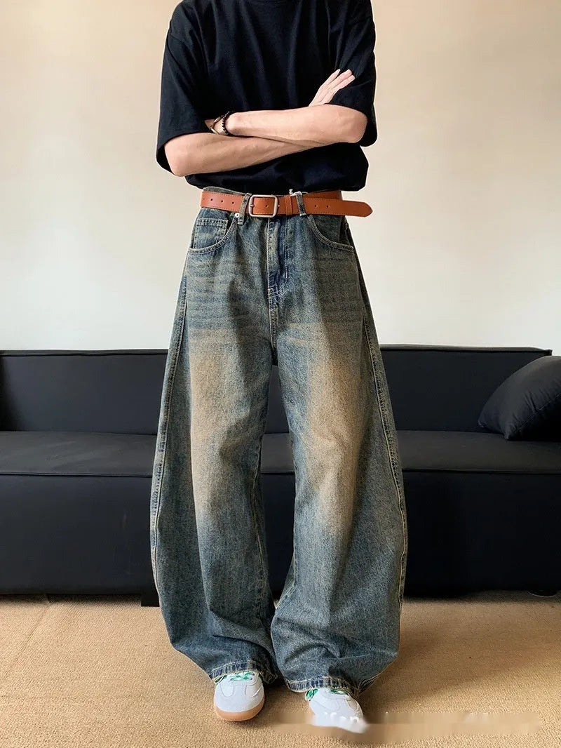Men's retro blue distressed denim wide-leg trousers with slimming fit and mid-rise waist