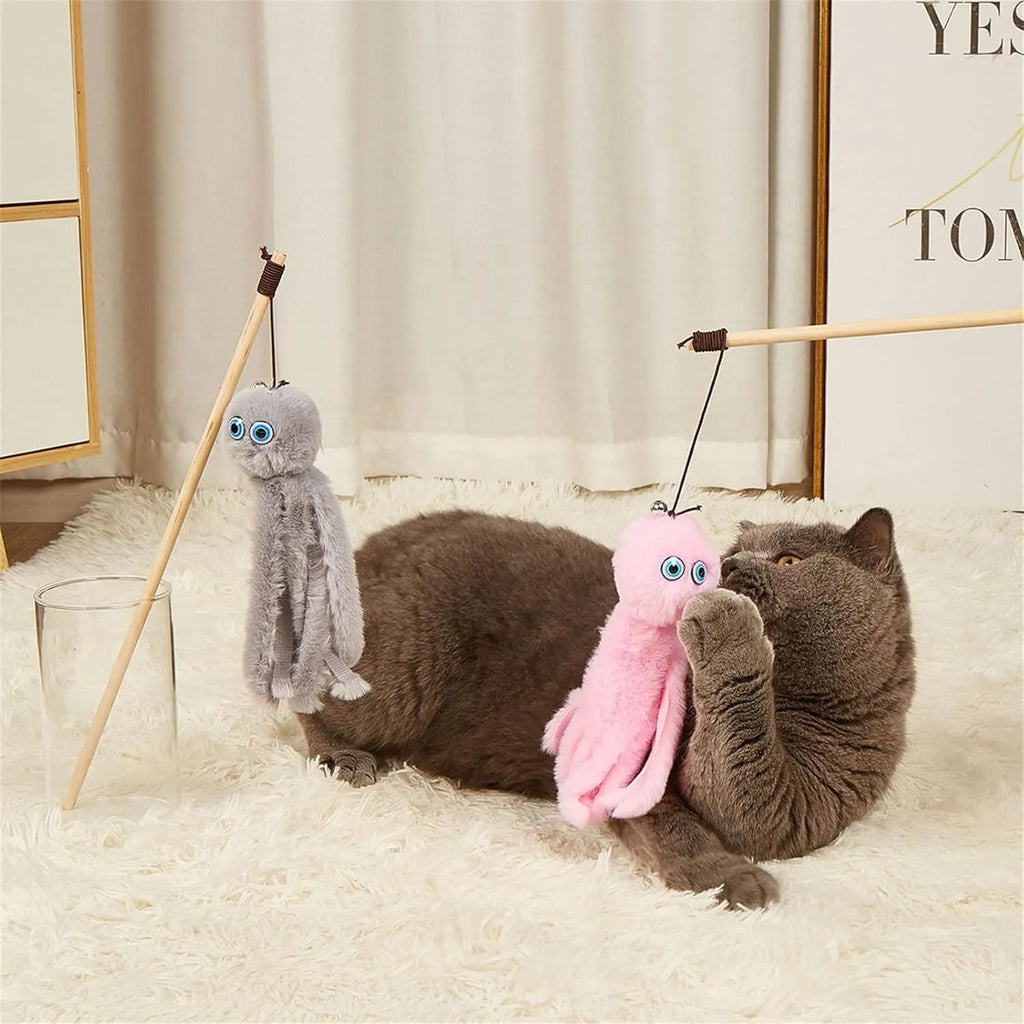 Octopus-themed furry cat toy with realistic eyes on 40cm flexible stick in pink colour