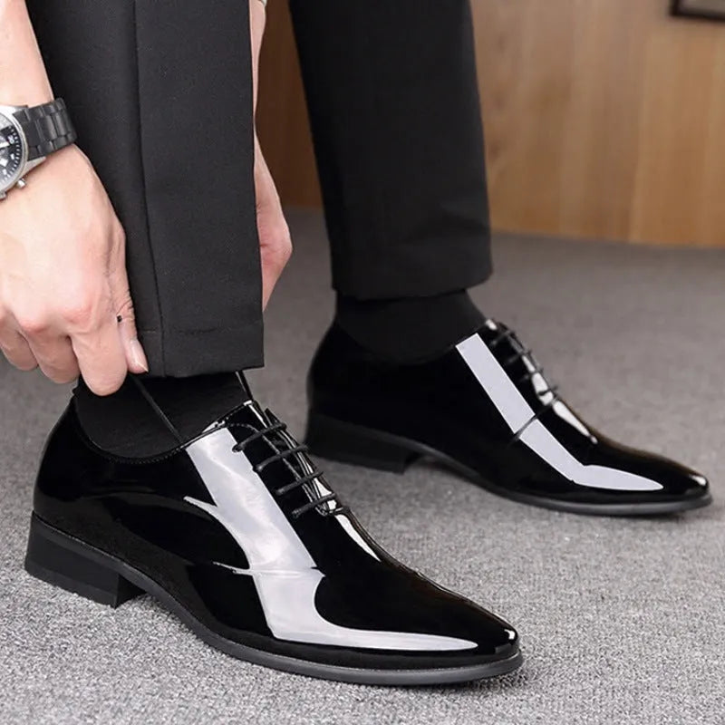 Men's black and brown business formal shoes with pointed toe and artificial PU upper