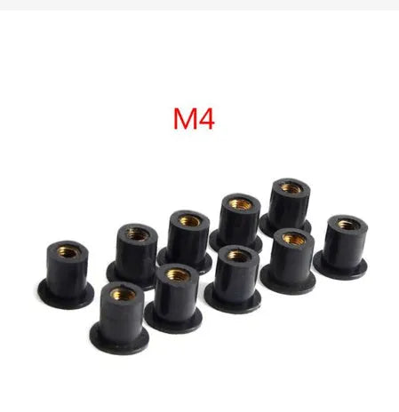 Black motorcycle rubber expansion nuts with brass threads in M4 M5 M6 sizes, set of 10 pieces.