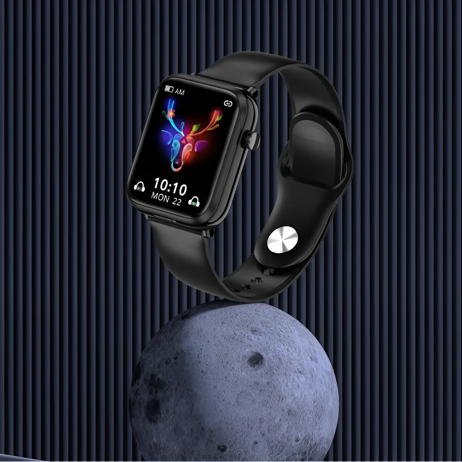 Black smart Bluetooth headset watch with full touch screen showing heart rate monitoring display