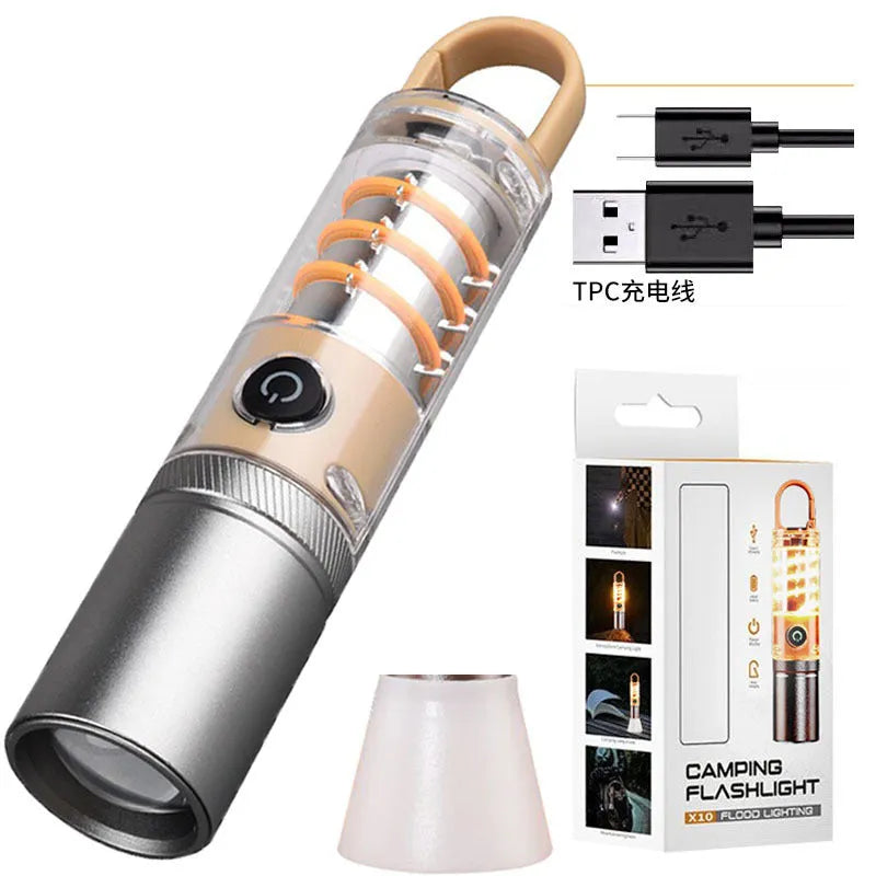 Orange or beige rechargeable flashlight with hook, keychain, and optical zoom on a 10W dual light source.