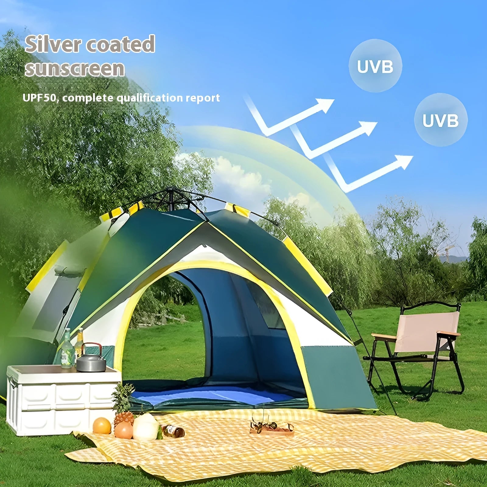 Dark Green Silver Glue automatic pop-up camping tent for 3-4 people with ground nails