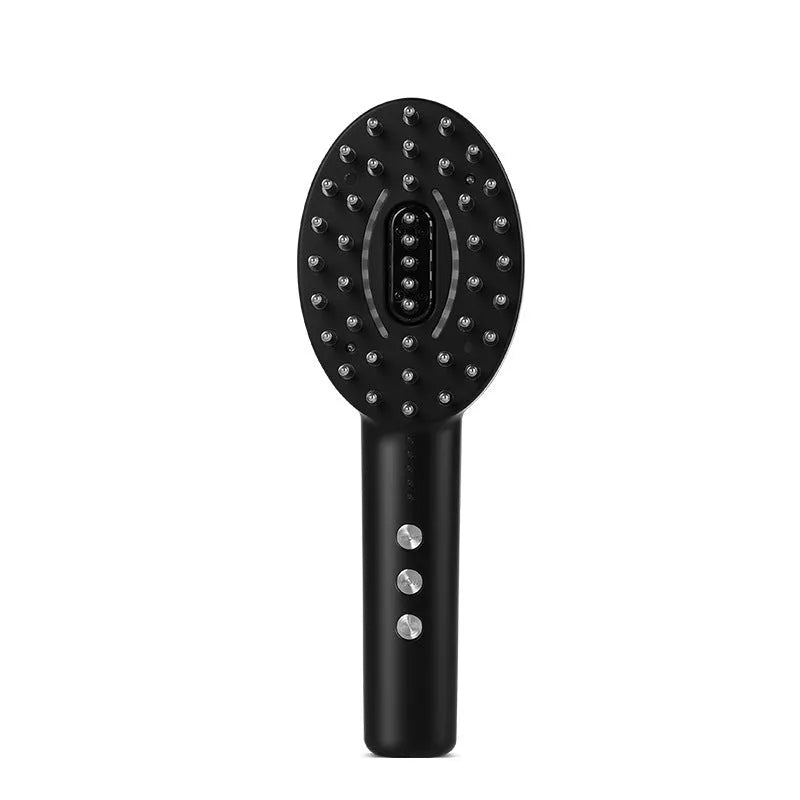 Black handheld scalp massage device with adjustable vibration settings and USB charging port