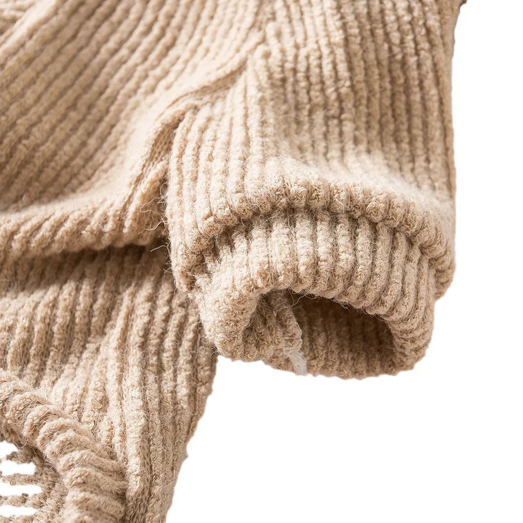 Brown cloth pullover sweater on a small dog, showing casual style.