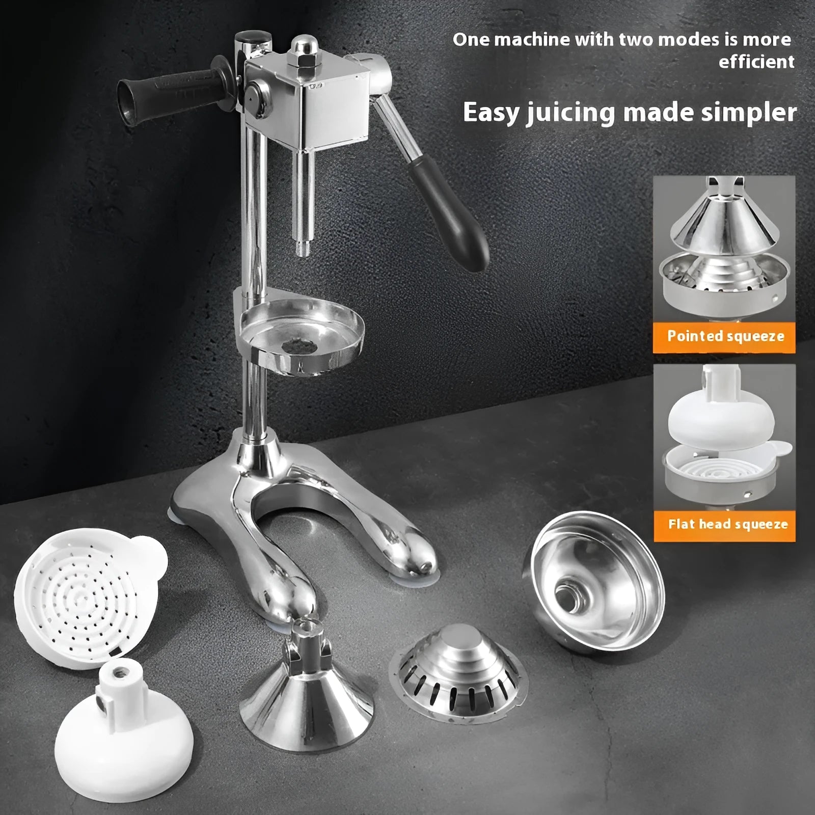 Vertical stainless steel manual citrus juicer shown in multiple colour and tip head options.