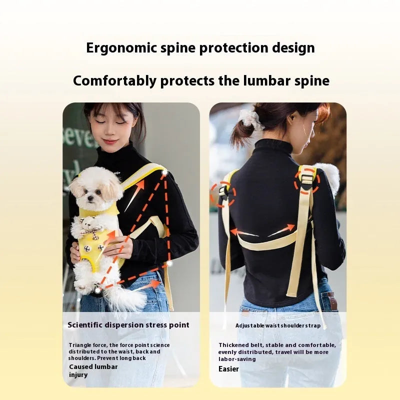 Canvas pet chest bag with animal pattern and colourful stitching in portable design for cat transport