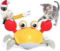 Blue or red electronic crab dog toy with lights, shown on a floor surface.