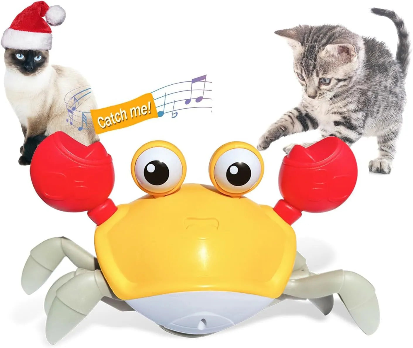 Blue or red electronic crab dog toy with lights, shown on a floor surface.