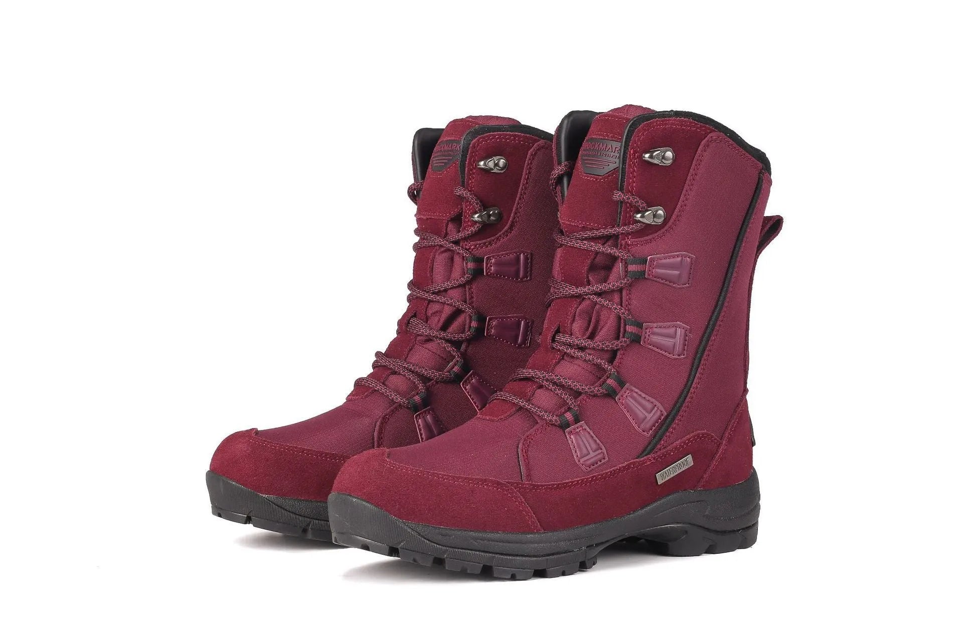 Black women's mid-calf leather snow boots with a round toe and thick rubber sole on a white background.