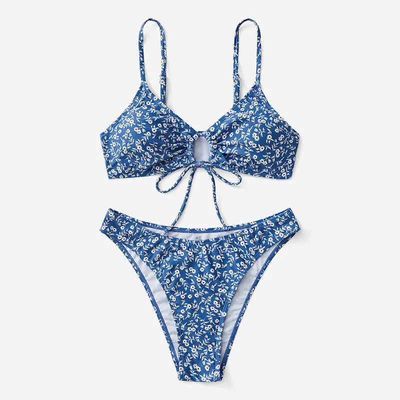 Blue polyester swimsuit three-piece set without steel rings showing separate top and shorts components