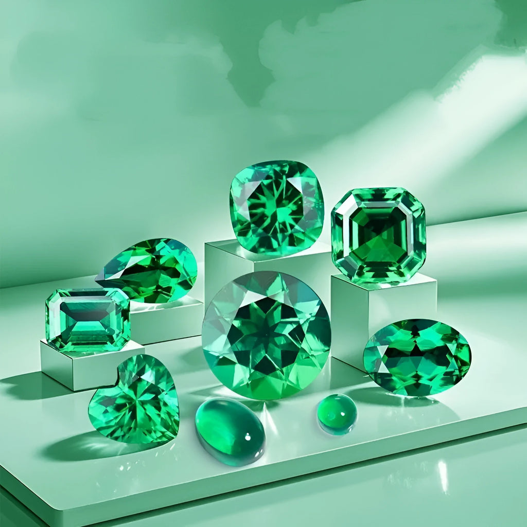 Selection of polished cultivated emerald gemstones in Columbia green colour on a white background, showing various shapes and sizes.